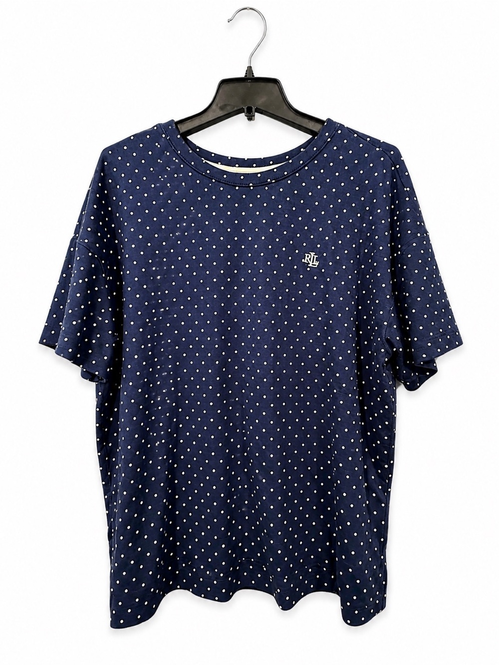 Lauren Ralph Lauren Polka Dot Logo Jersey Tee Navy White XL Stretch Soft Preppy